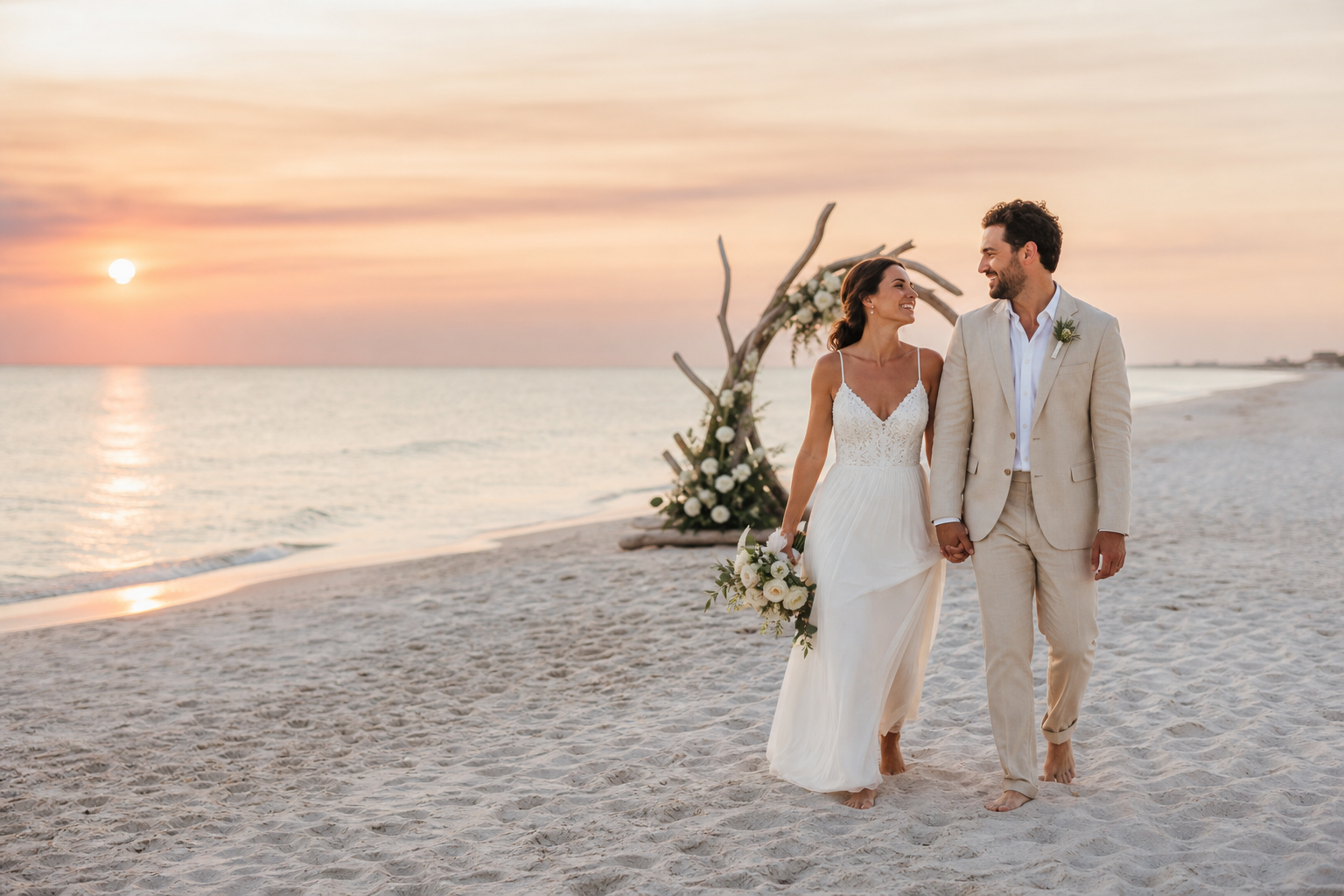 Intimate beach wedding concept at sunset on Florida's Gulf Coast